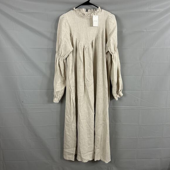 Monbebe Dress One Size Linen Maxi Beige Ruffle Neck Balloon Peasant Cottagecore Monbebe Dress One Size Linen Maxi Beige Ruffle Neck Balloon Peasant Cottagecore